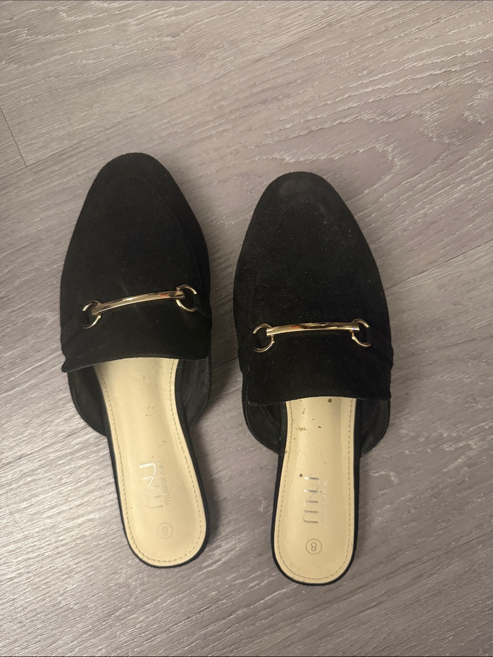 Black Suede Mule Loafers with Gold Bit